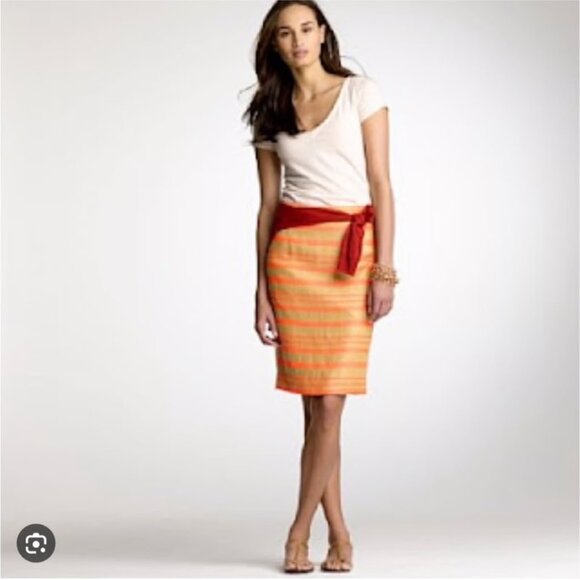 J.Crew Linen Blend Pencil Skirt Coral & Tan Stripes Size 6 - Picture 11 of 12